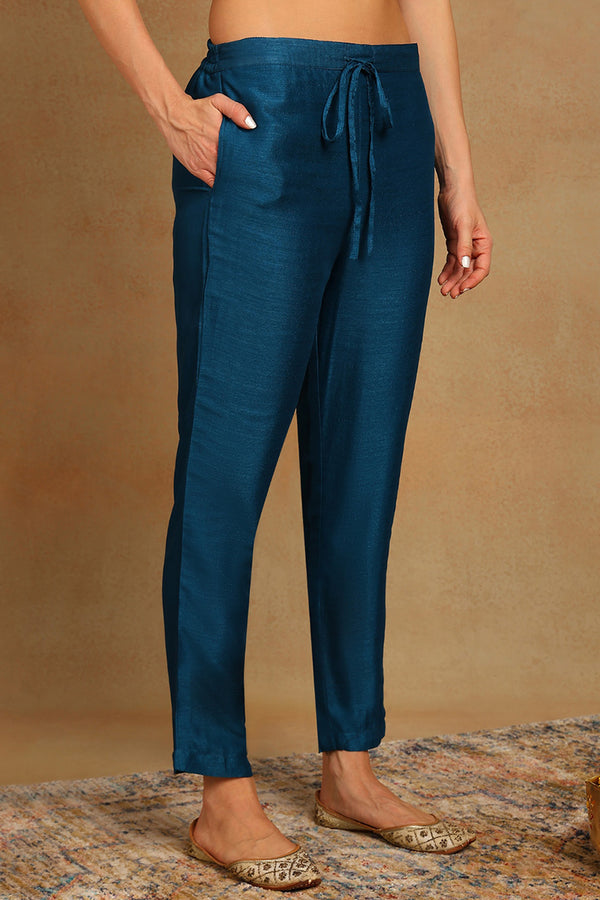 Blue Silk Blend Embroidered Straight Kurta Trousers With Dupatta PKSKD2172