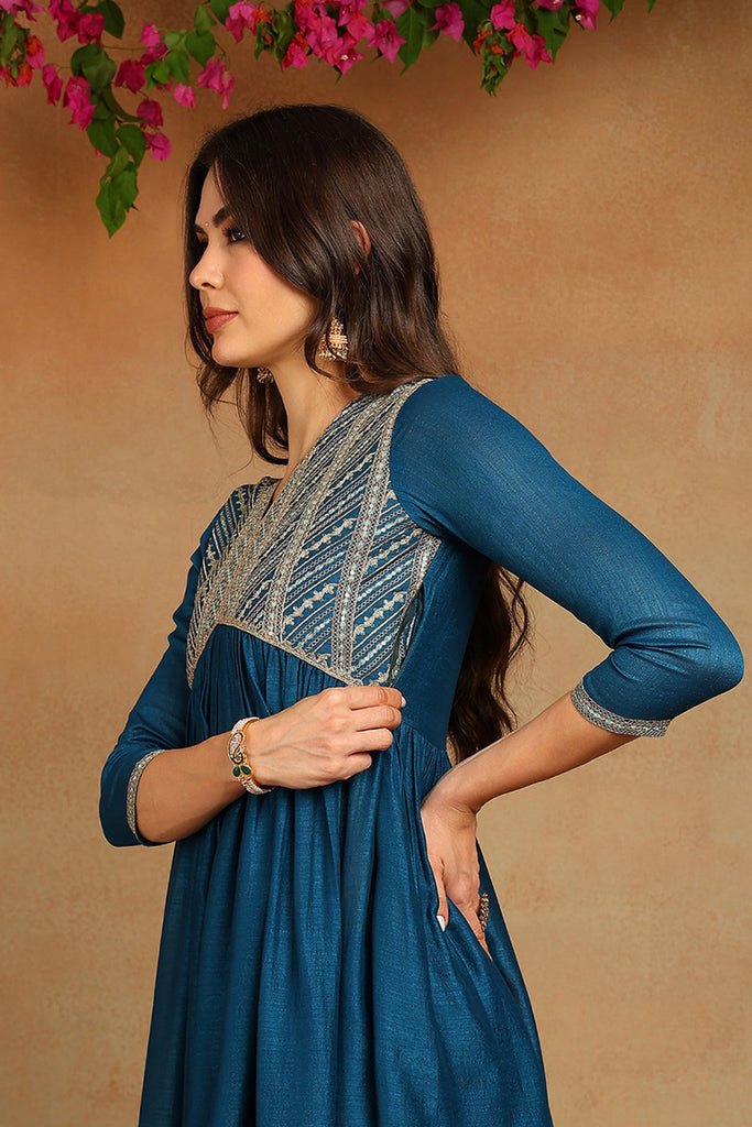 Blue Silk Blend Embroidered Straight Kurta Trousers With Dupatta PKSKD2172