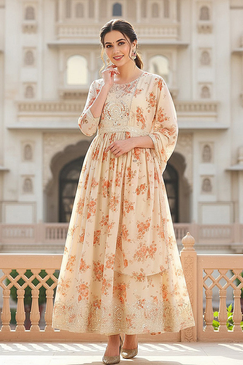 Off White Georgette Floral Printed Flared Suit Set PKSKD2184