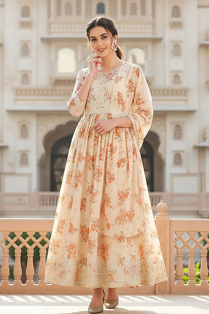 Off White Georgette Floral Printed Flared Suit Set PKSKD2184