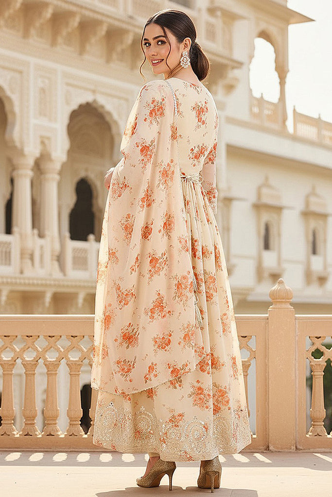 Off White Georgette Floral Printed Flared Suit Set PKSKD2184