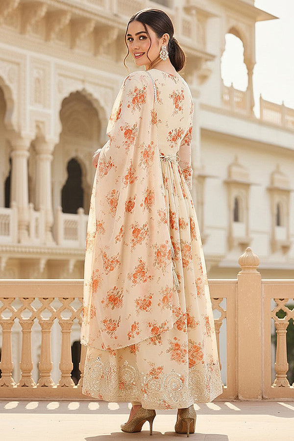 Off White Georgette Floral Printed Flared Suit Set PKSKD2184
