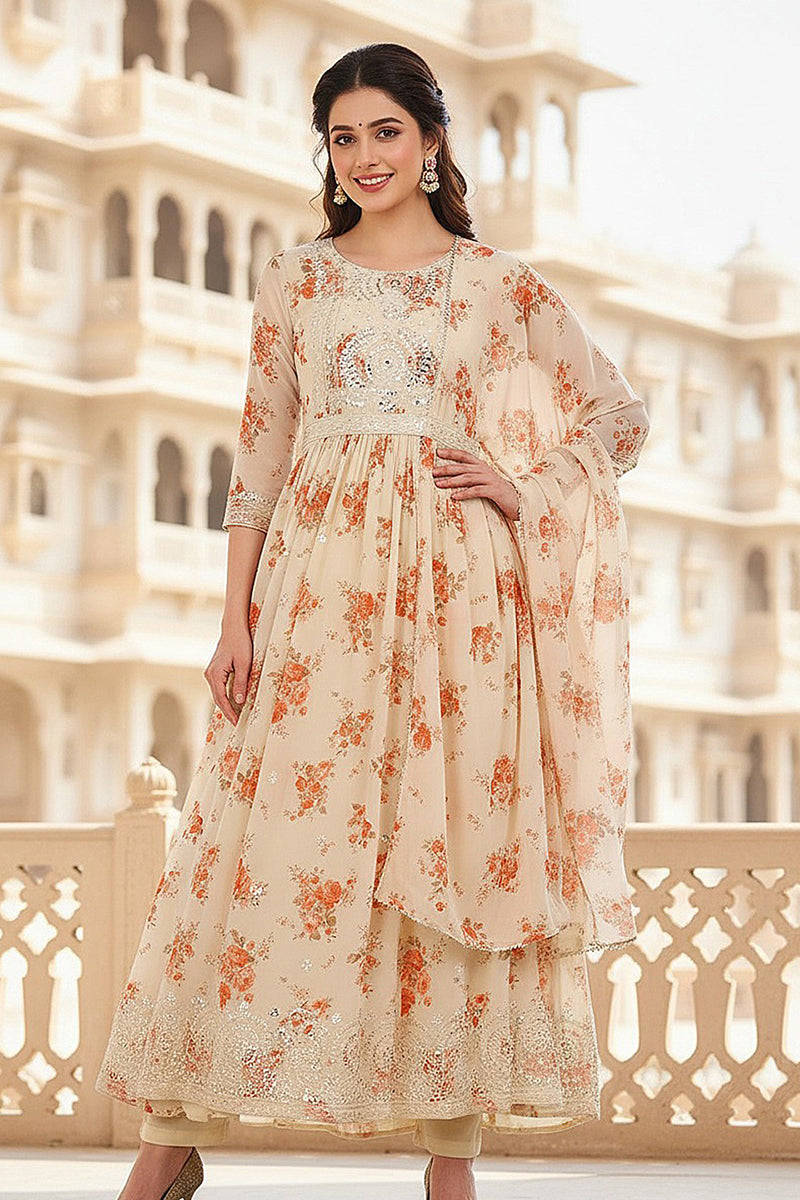 Off White Georgette Floral Printed Flared Suit Set PKSKD2184
