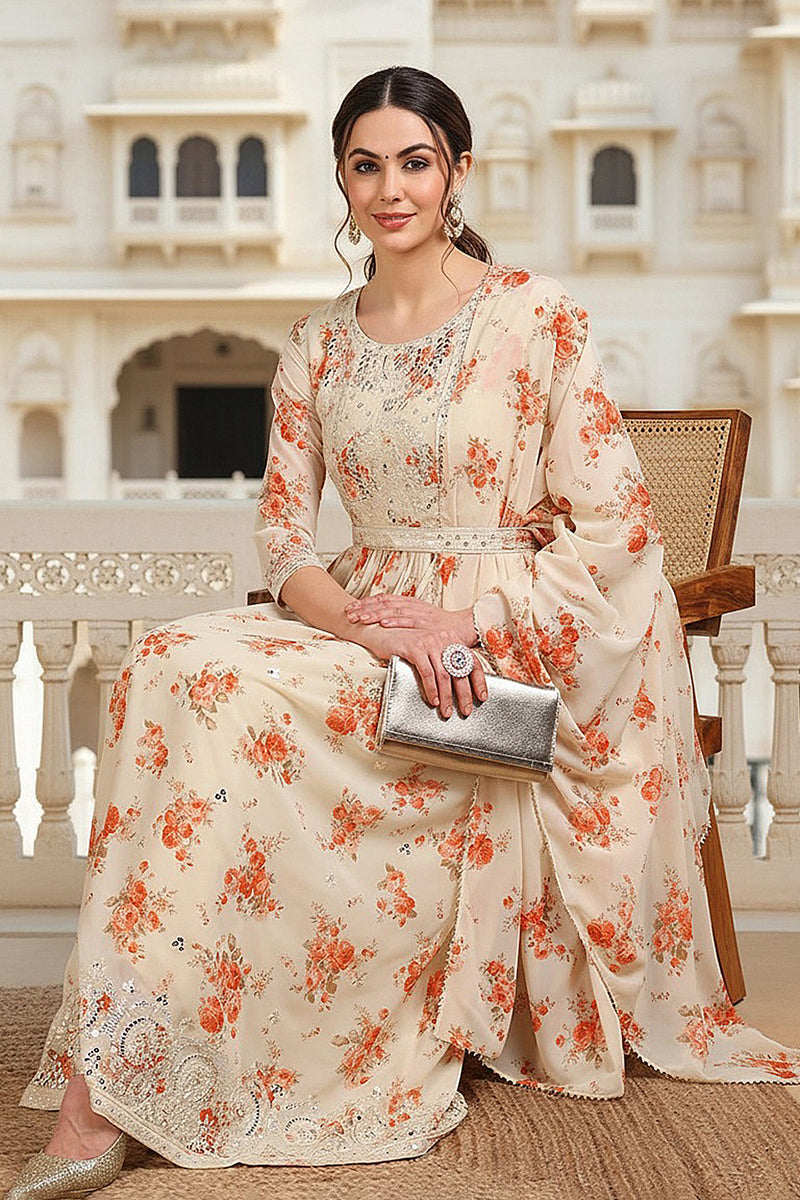 Off White Georgette Floral Printed Flared Suit Set PKSKD2184