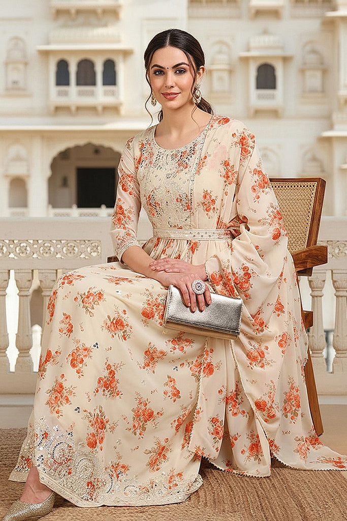 Off White Georgette Floral Printed Flared Suit Set PKSKD2184