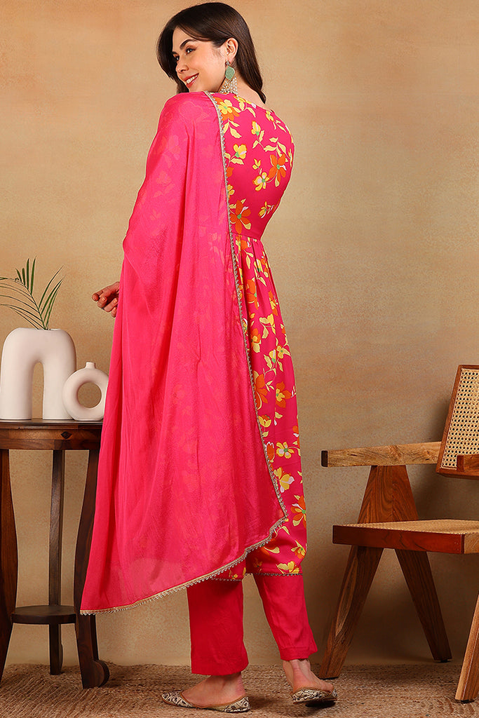 Pink Poly Georgette Floral Printed Flared Empire Suit Set PKSKD2194