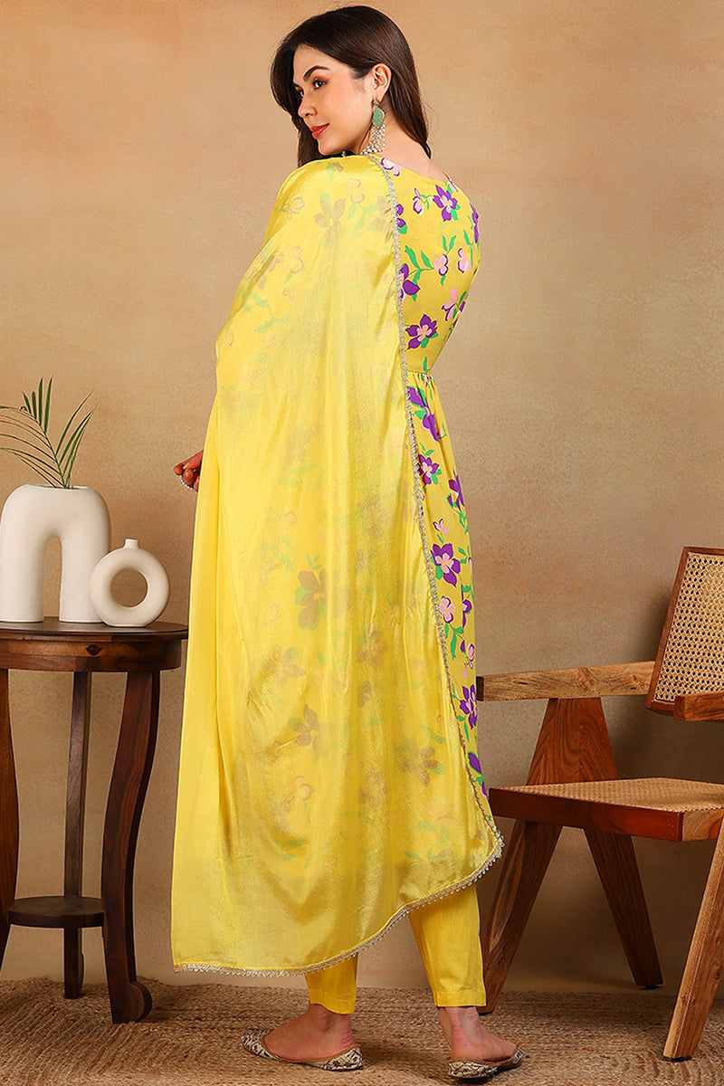 Yellow Poly Georgette Floral Printed Flared Empire Suit Set PKSKD2196