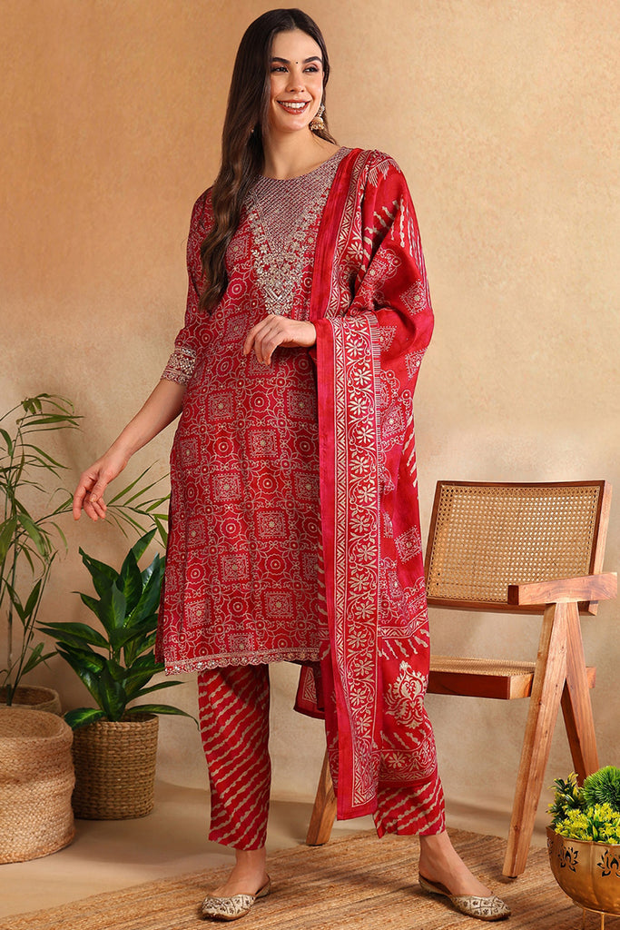 Maroon Silk Blend Ethnic Motifs Printed Straight Suit Set PKSKD2202