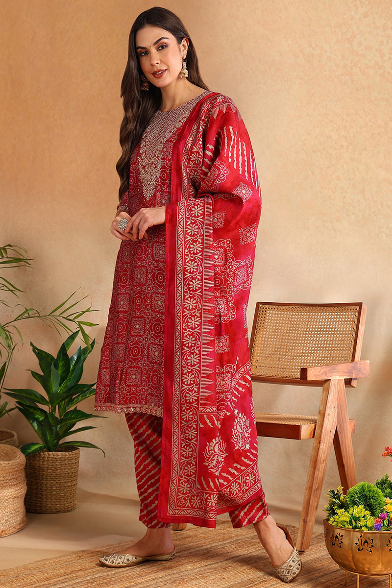 Maroon Silk Blend Ethnic Motifs Printed Straight Suit Set PKSKD2202