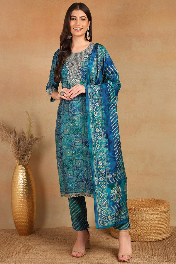 Teal Silk Blend Ethnic Motifs Printed Straight Suit Set PKSKD2203