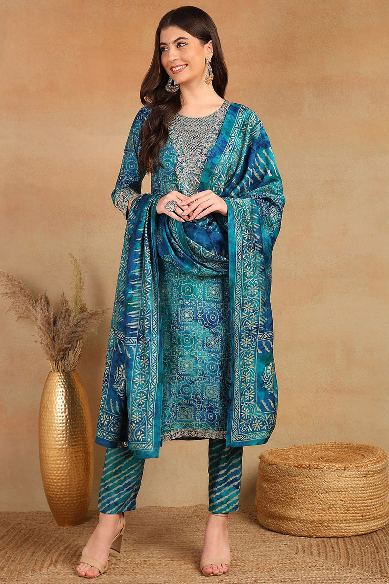 Teal Silk Blend Ethnic Motifs Printed Straight Suit Set PKSKD2203