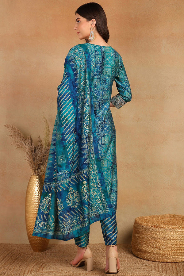 Teal Silk Blend Ethnic Motifs Printed Straight Suit Set PKSKD2203