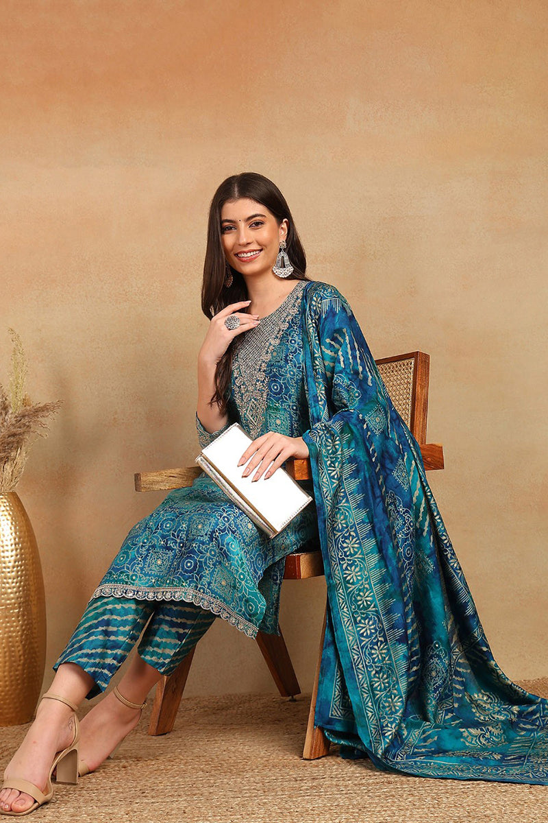 Teal Silk Blend Ethnic Motifs Printed Straight Suit Set PKSKD2203