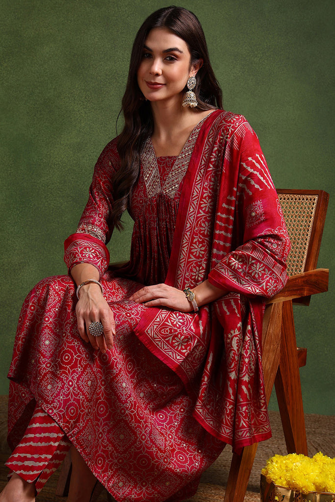 Maroon Silk Blend Ethnic Motifs Printed Flared Suit Set PKSKD2204