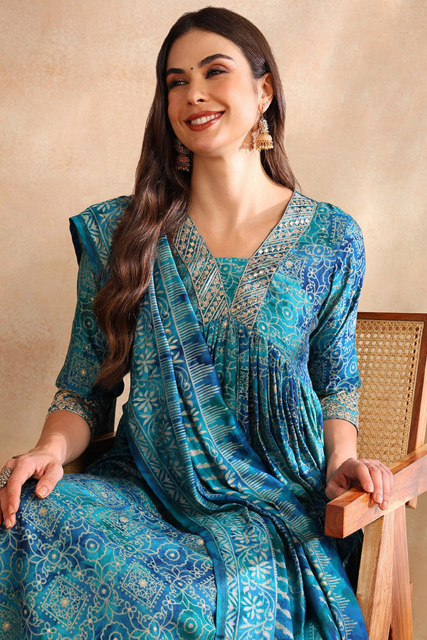 Teal Silk Blend Ethnic Motifs Printed Flared Suit Set PKSKD2205