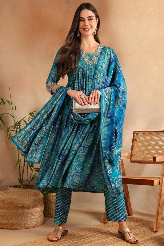 Teal Silk Blend Ethnic Motifs Printed Flared Suit Set PKSKD2205