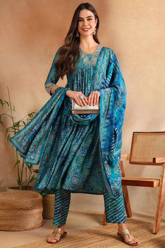 Teal Silk Blend Ethnic Motifs Printed Flared Suit Set PKSKD2205