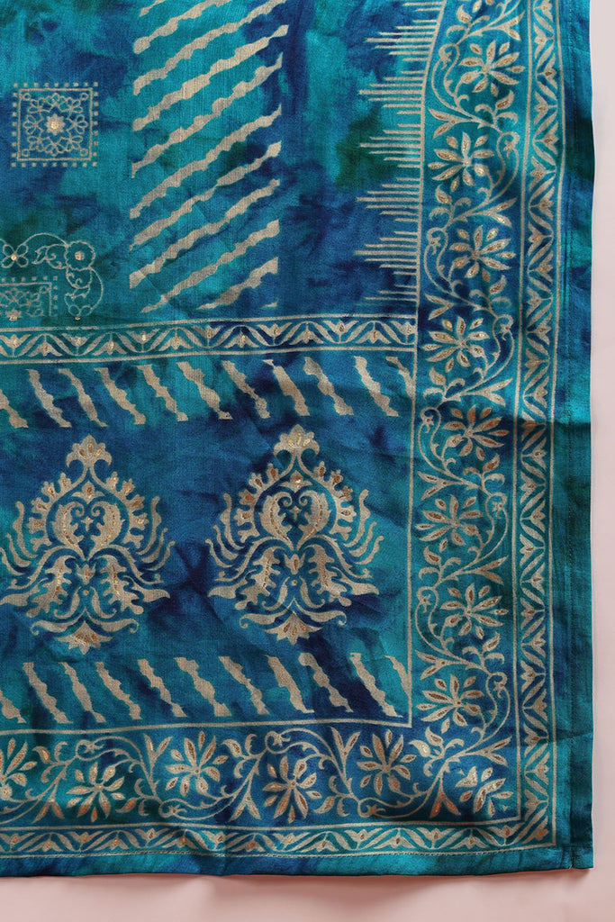 Teal Silk Blend Ethnic Motifs Printed Flared Suit Set PKSKD2205