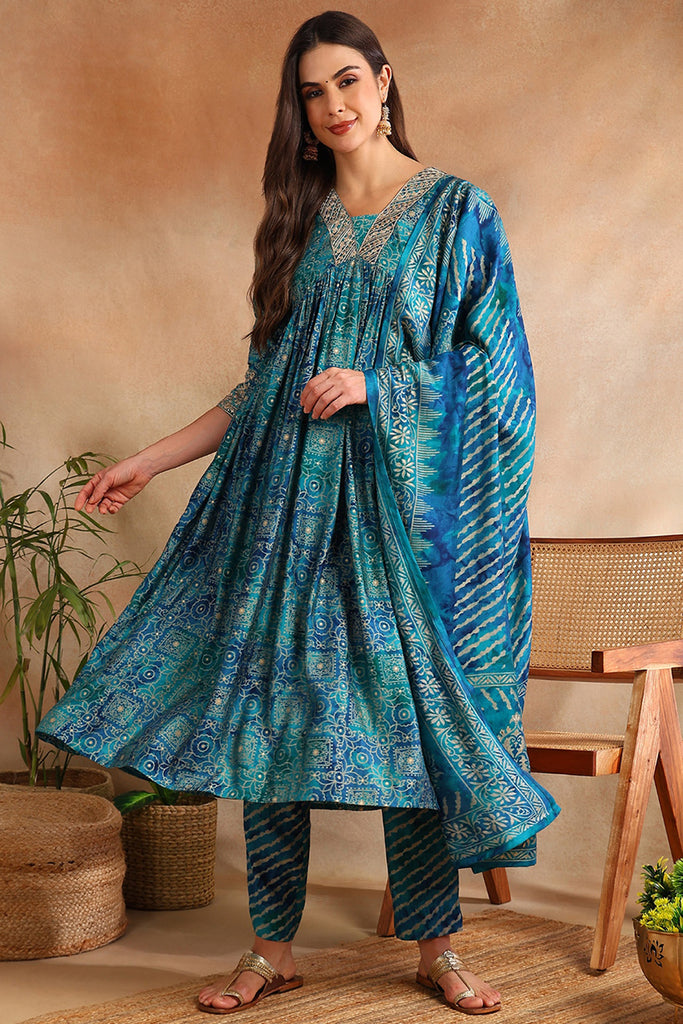 Teal Silk Blend Ethnic Motifs Printed Flared Suit Set PKSKD2205