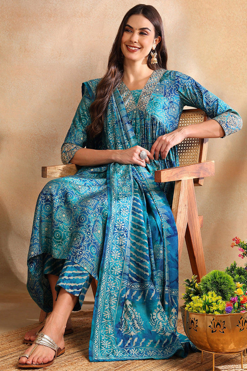 Teal Silk Blend Ethnic Motifs Printed Flared Suit Set PKSKD2205