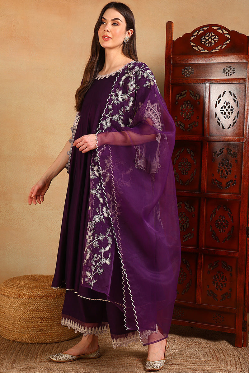 Purple Silk Blend Solid Embroidered Flared Suit Set PKSKD2209