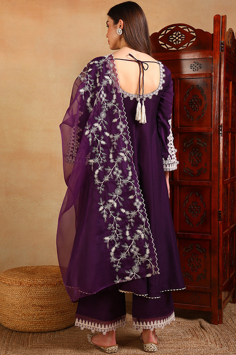 Purple Silk Blend Solid Embroidered Flared Suit Set PKSKD2209