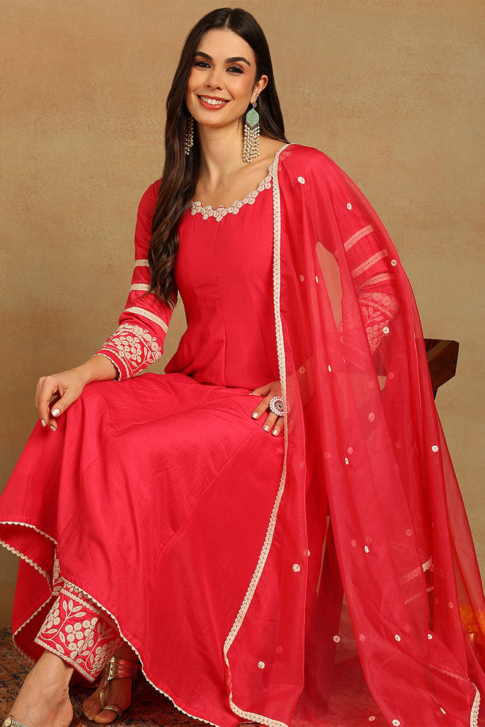 Pink Silk Blend Solid Embroidered Anarkali Suit Set PKSKD2213