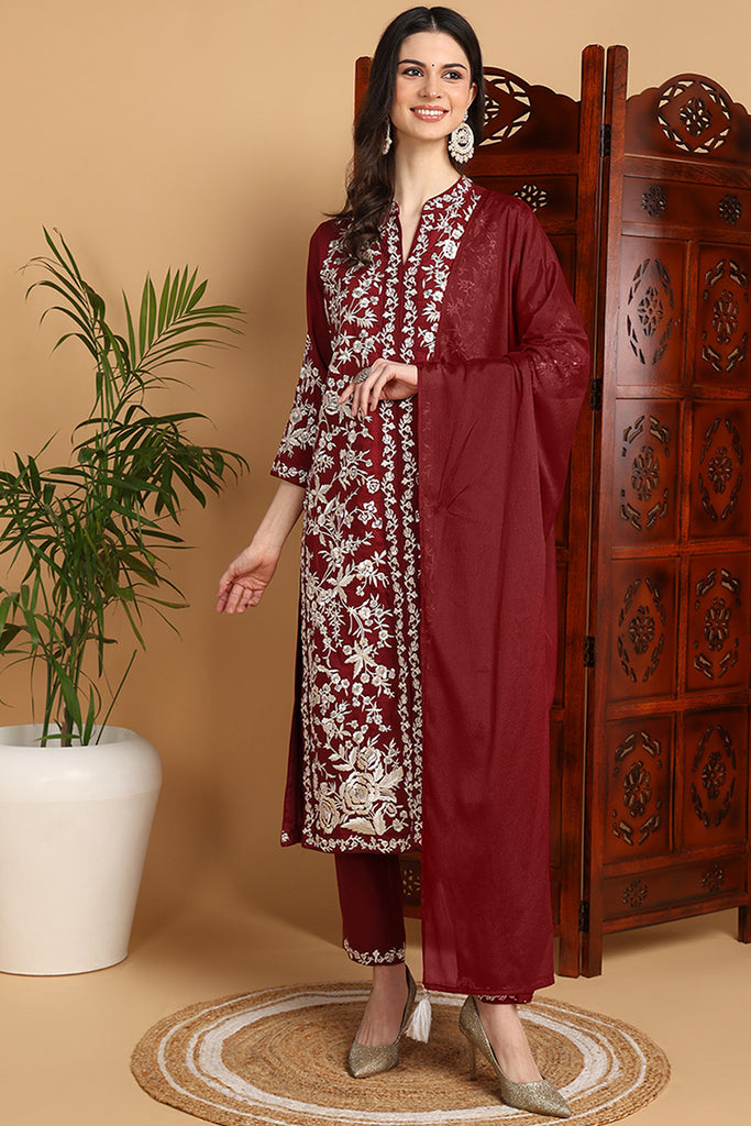 Maroon Silk Blend Solid Embroidered Straight Suit Set PKSKD2215