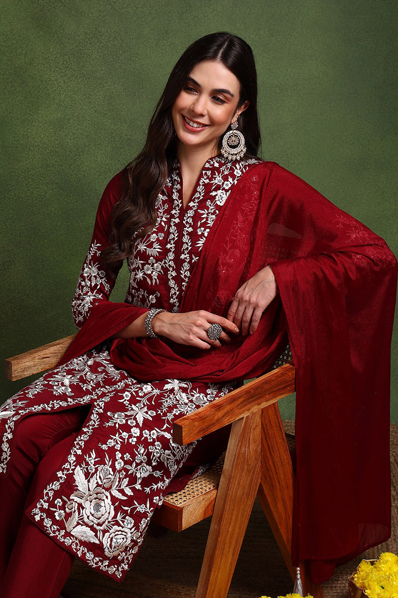 Maroon Silk Blend Solid Embroidered Straight Suit Set PKSKD2215