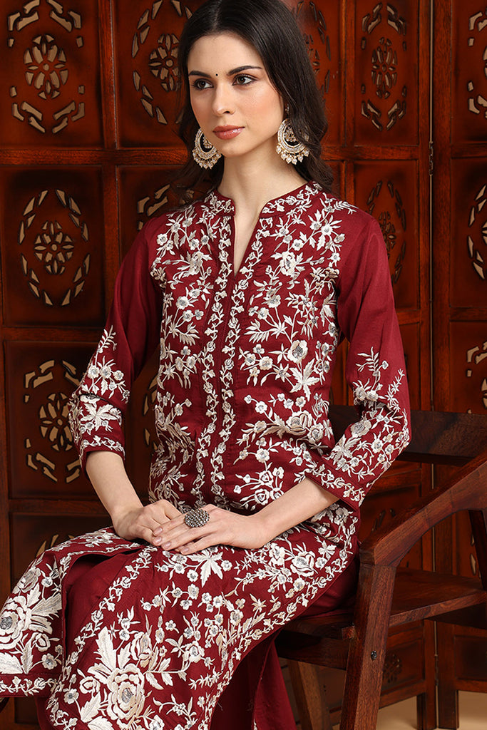 Maroon Silk Blend Solid Embroidered Straight Suit Set PKSKD2215