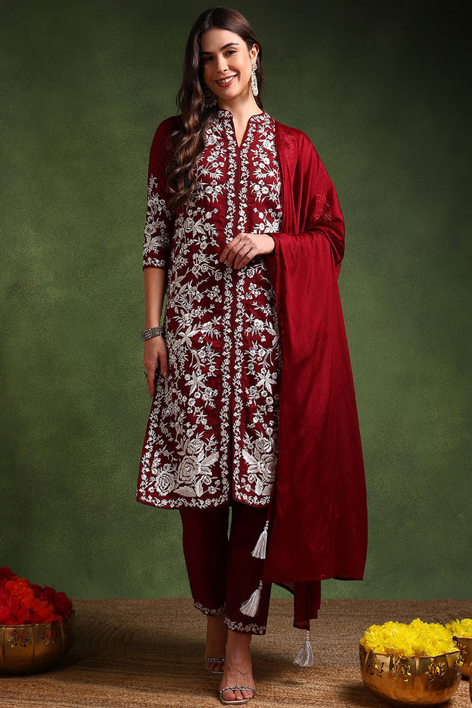 Maroon Silk Blend Solid Embroidered Straight Suit Set PKSKD2215