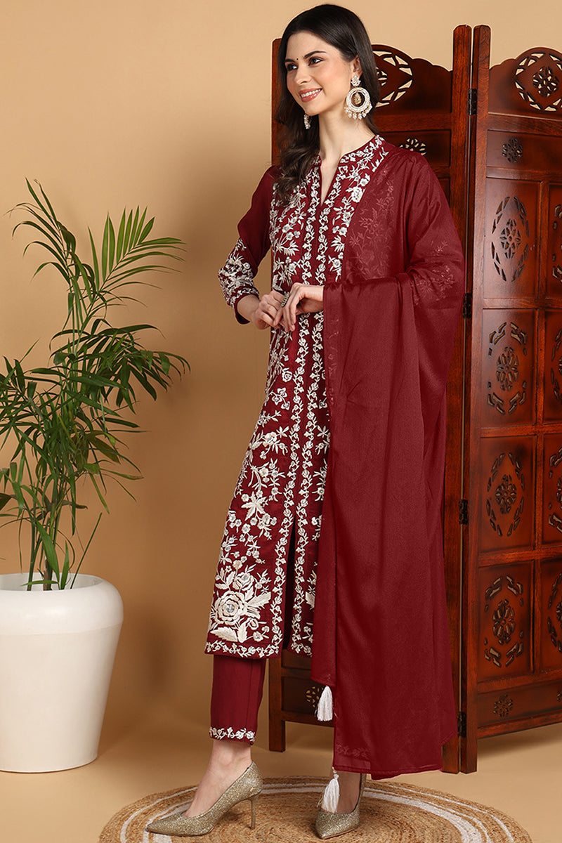 Maroon Silk Blend Solid Embroidered Straight Suit Set PKSKD2215