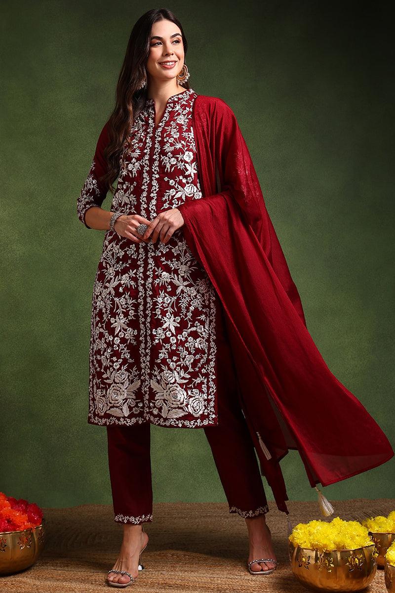 Maroon Silk Blend Solid Embroidered Straight Suit Set PKSKD2215