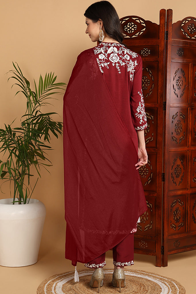 Maroon Silk Blend Solid Embroidered Straight Suit Set PKSKD2215