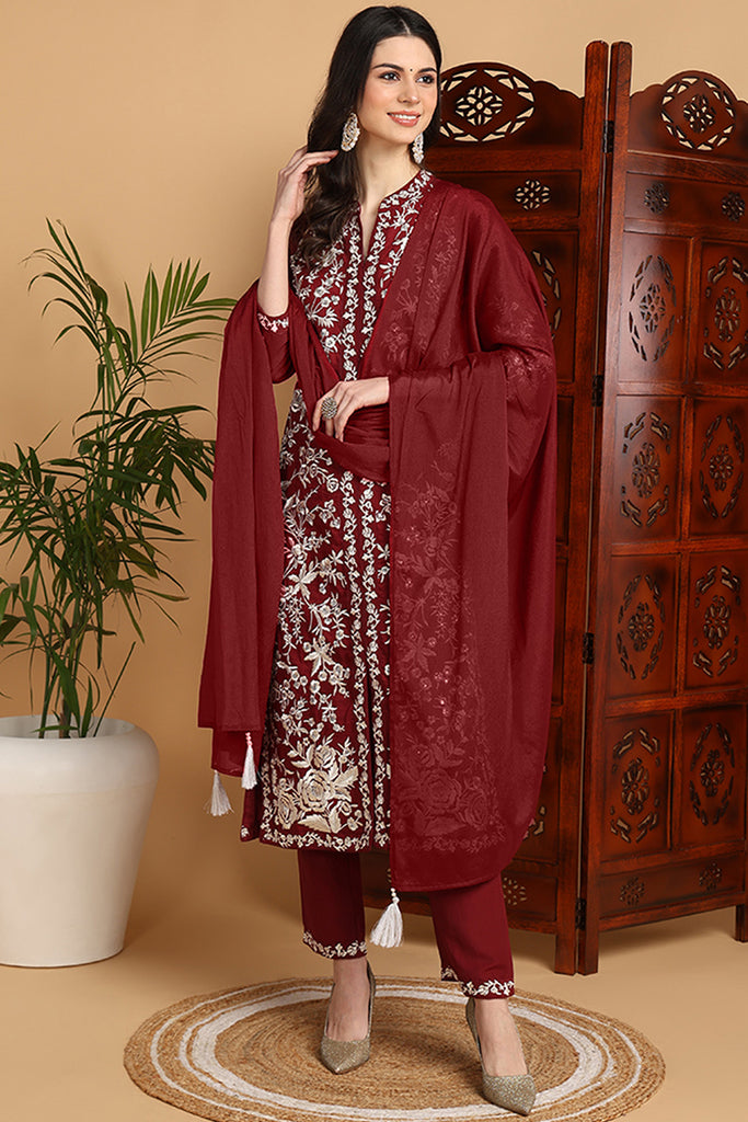 Maroon Silk Blend Solid Embroidered Straight Suit Set PKSKD2215