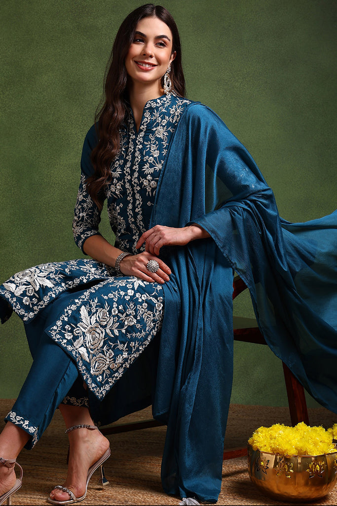 Teal Blue Silk Blend Solid Embroidered Straight Suit Set PKSKD2216