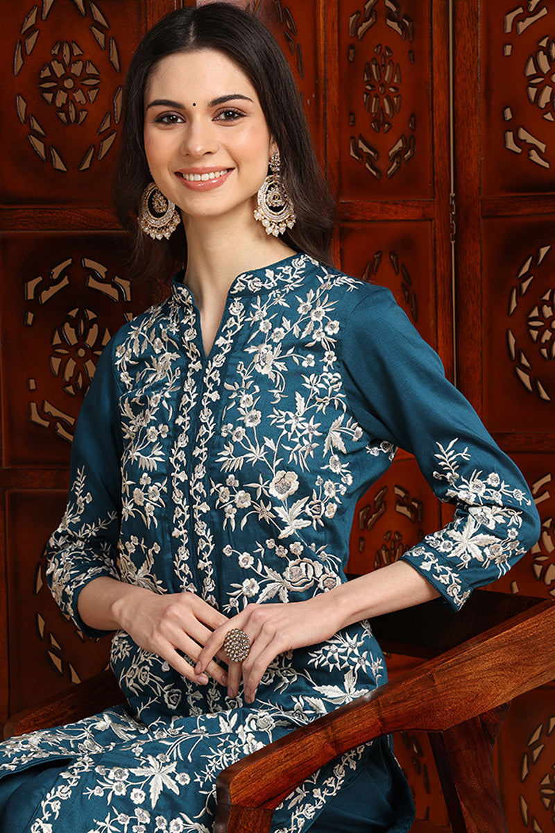 Teal Blue Silk Blend Solid Embroidered Straight Suit Set PKSKD2216