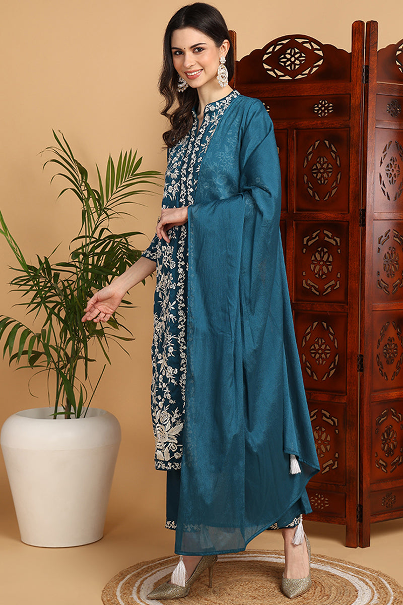 Teal Blue Silk Blend Solid Embroidered Straight Suit Set PKSKD2216