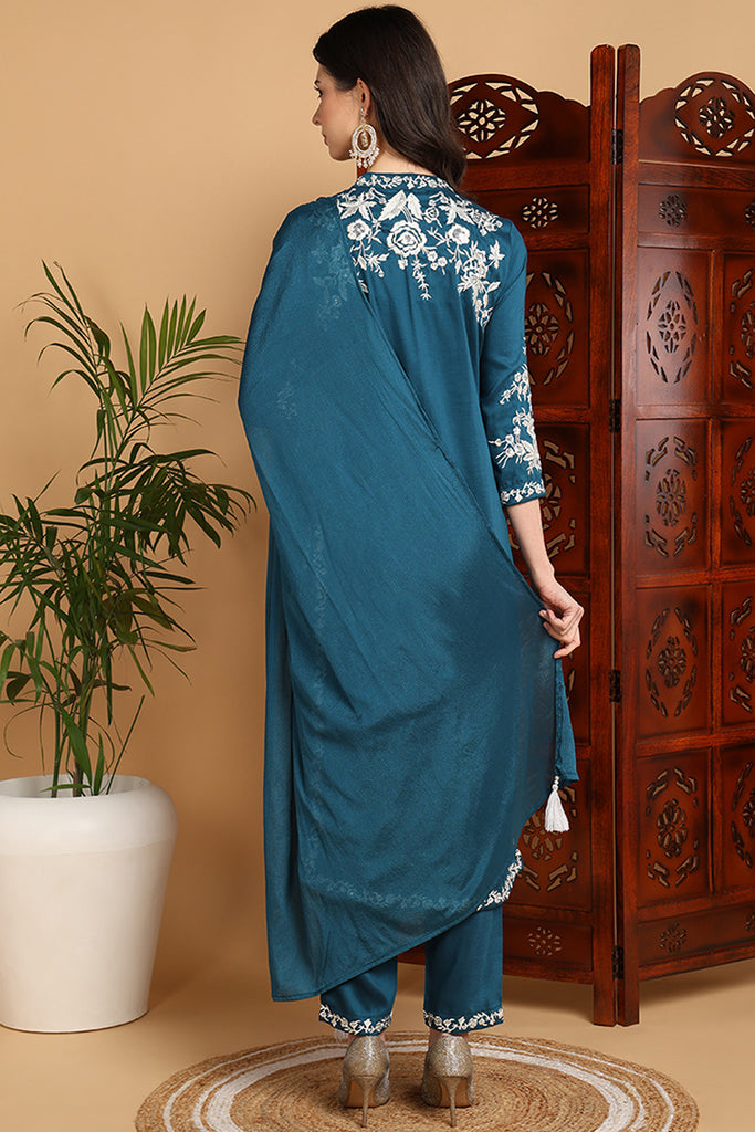 Teal Blue Silk Blend Solid Embroidered Straight Suit Set PKSKD2216