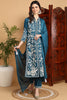 Teal Blue Silk Blend Solid Embroidered Straight Suit Set PKSKD2216