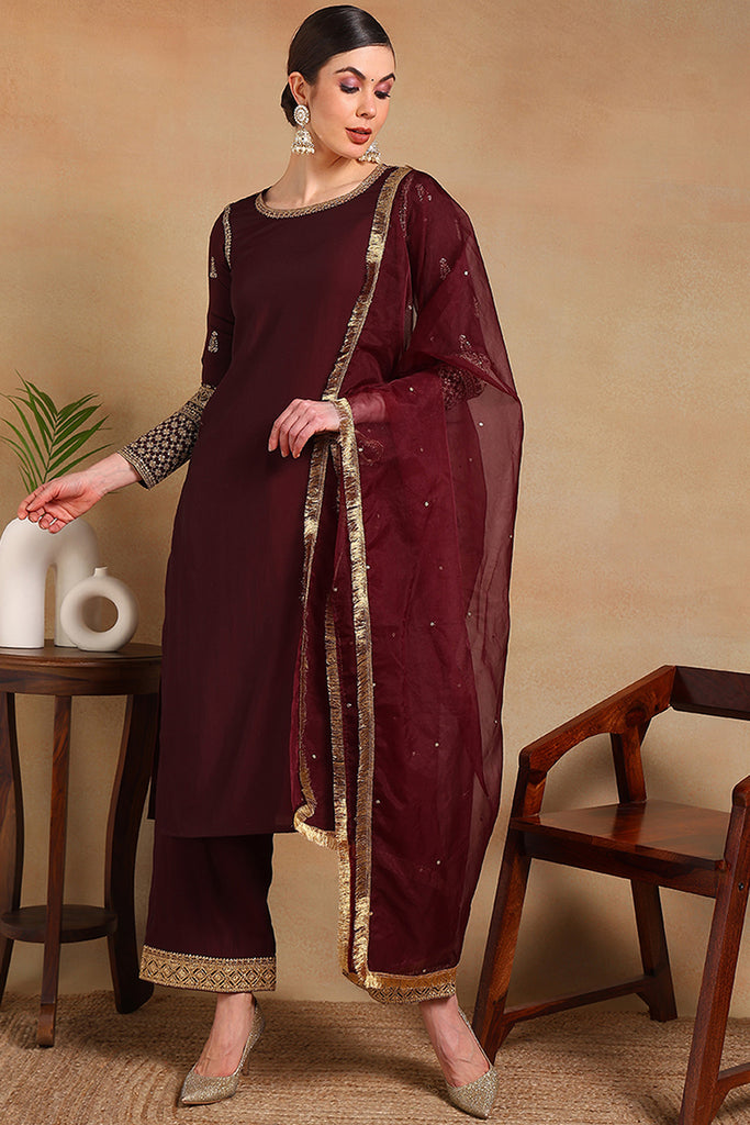 Burgundy Silk Blend Solid Embroidered Straight Regular Suit Set PKSKD2226