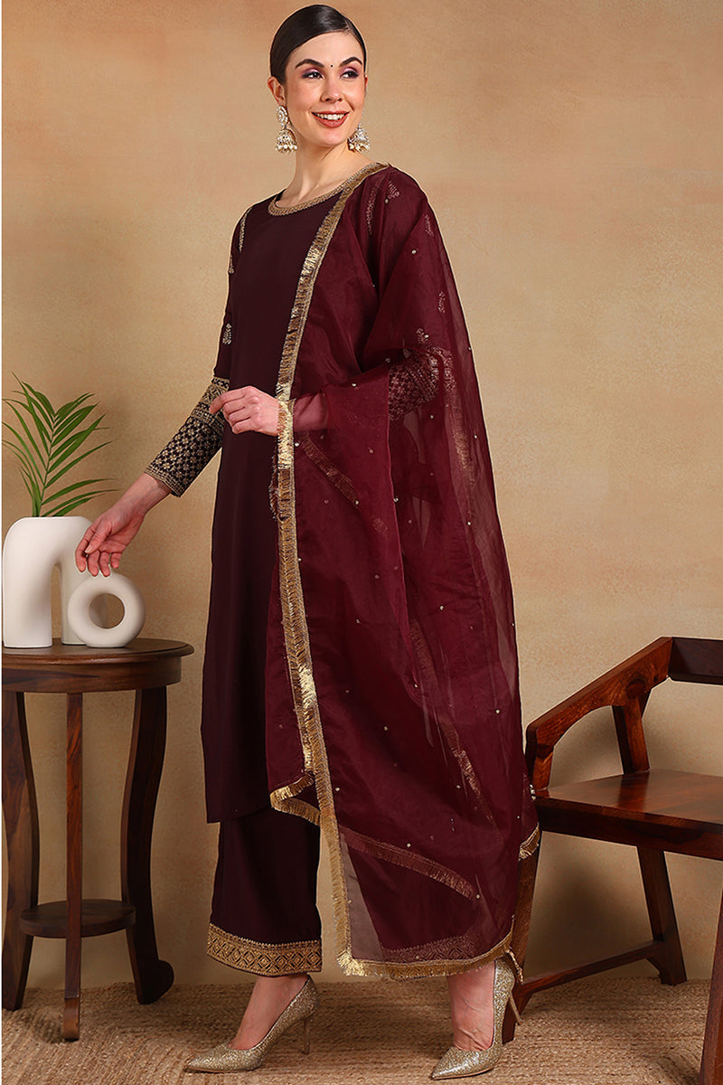 Burgundy Silk Blend Solid Embroidered Straight Regular Suit Set PKSKD2226