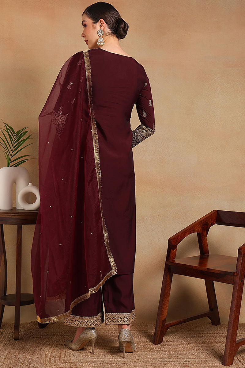 Burgundy Silk Blend Solid Embroidered Straight Regular Suit Set PKSKD2226