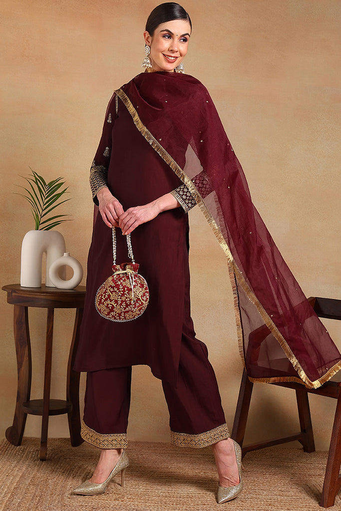 Burgundy Silk Blend Solid Embroidered Straight Regular Suit Set PKSKD2226