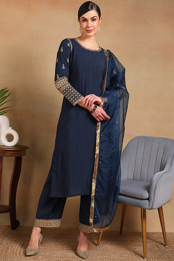 Teal Silk Blend Solid Embroidered Straight Regular Suit Set PKSKD2229