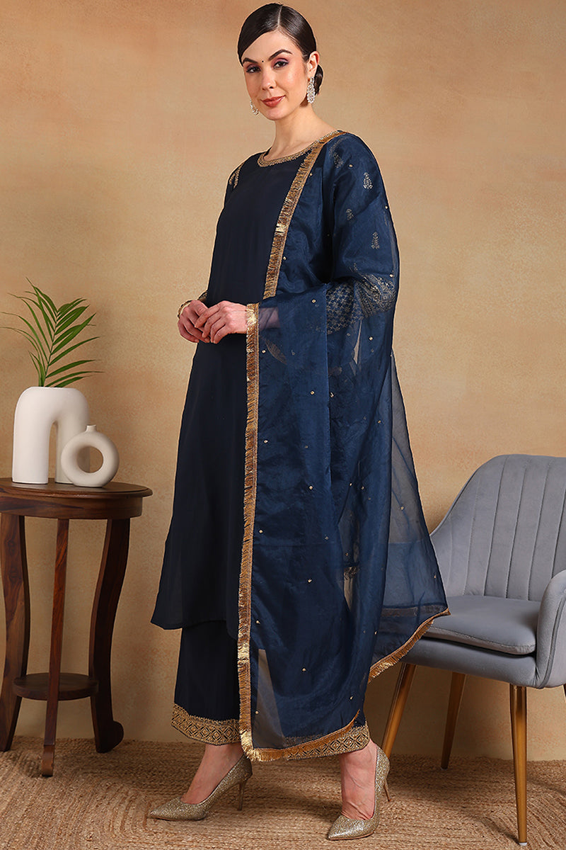 Teal Silk Blend Solid Embroidered Straight Regular Suit Set PKSKD2229