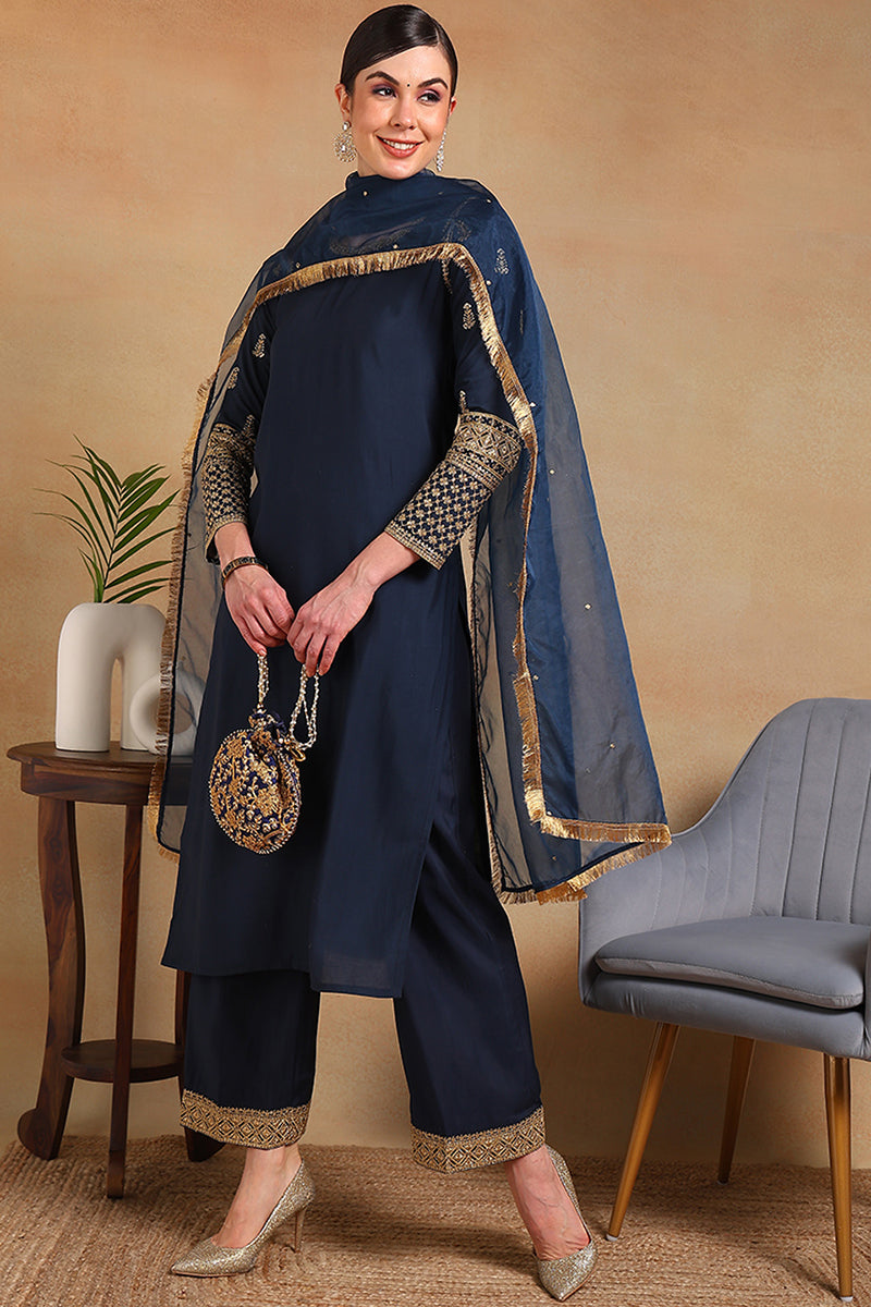 Teal Silk Blend Solid Embroidered Straight Regular Suit Set PKSKD2229