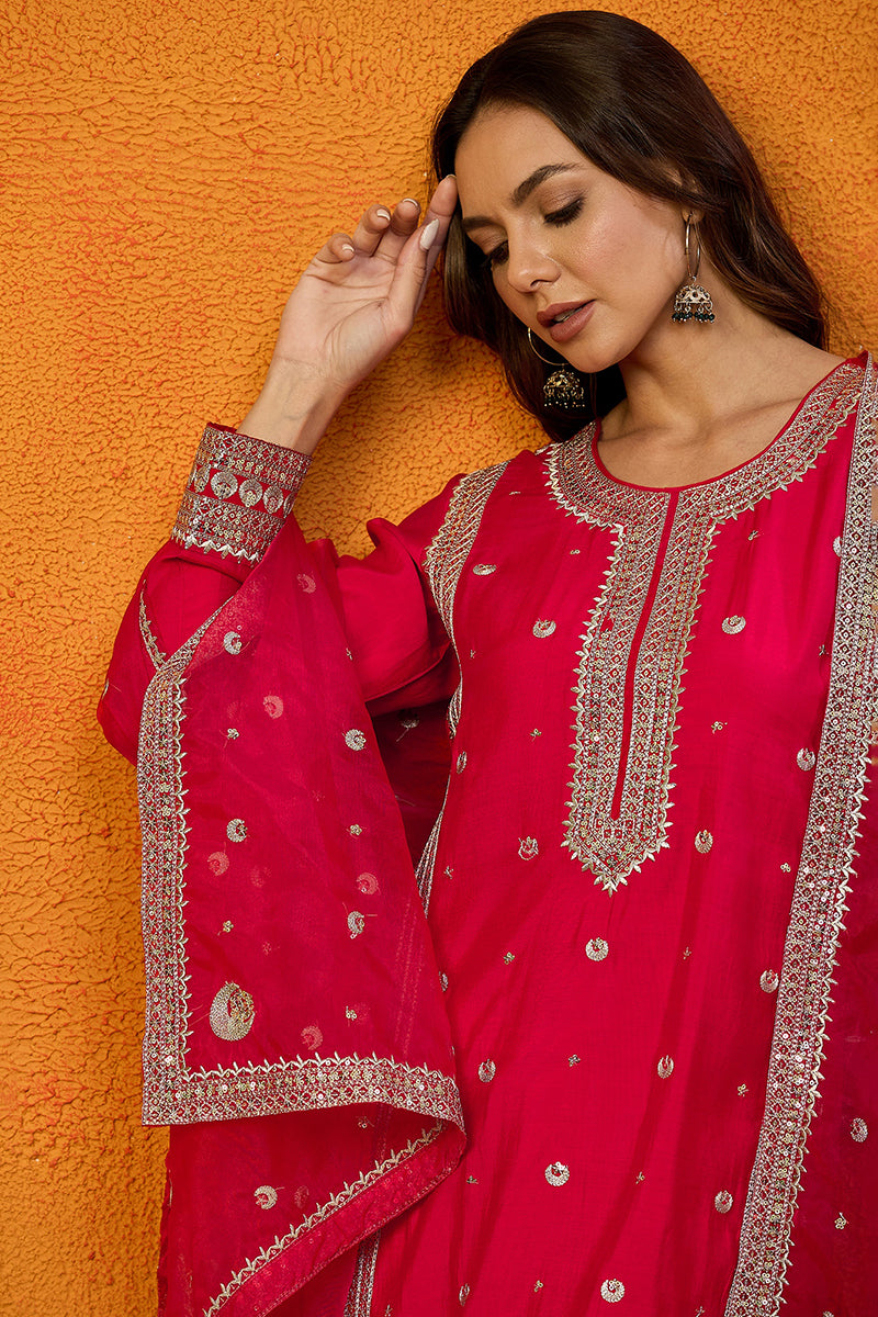 Pink Silk Blend Solid Embroidered Straight Suit Set PKSKD2232