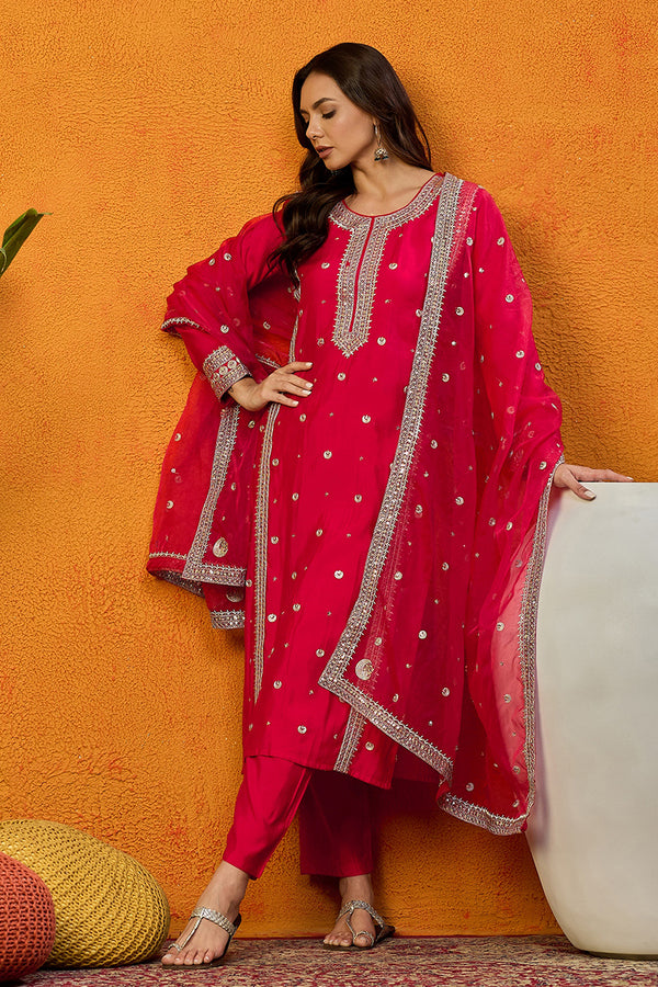Pink Silk Blend Solid Embroidered Straight Suit Set PKSKD2232