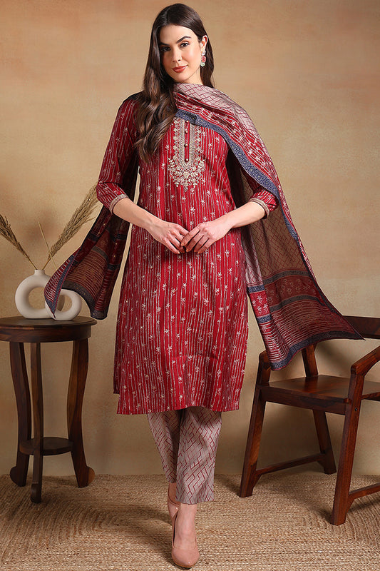 Maroon Silk Blend Embroidered Straight Suit Set PKSKD2235